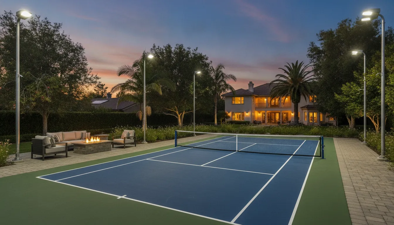 Backyard pickleball court lit by LED sports lighting at dusk with paver surround and seating
