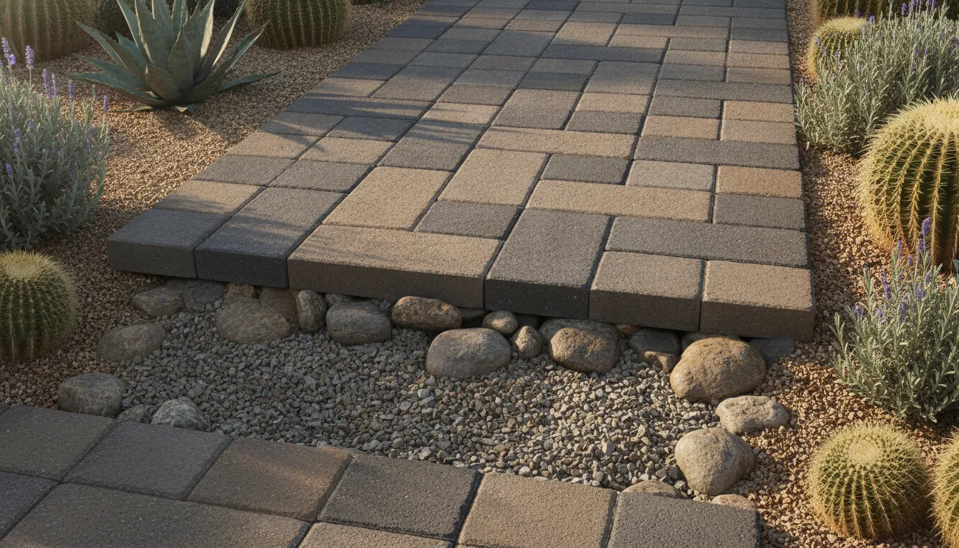 Permeable paver walkway installation with interlocking pavers, gravel joints, and drought-tolerant landscaping in an Orange County garden