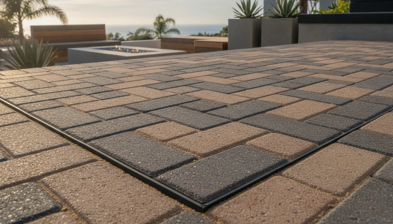 Beautiful interlocking concrete paver patio with proper edge restraints and joint sand at an Orange County home