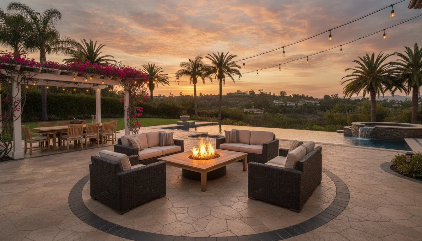 Completed paver patio with outdoor seating and a fire pit in a luxury Orange County backyard