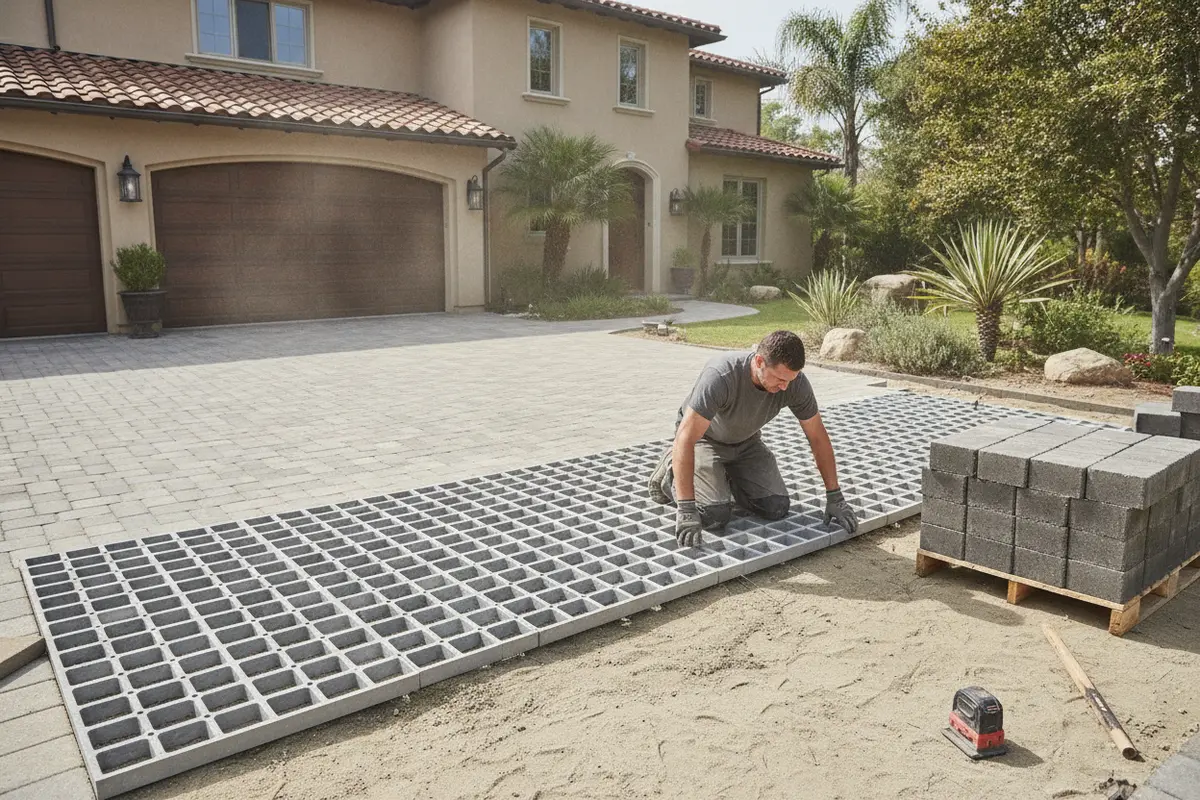 Installer positioning paver base panels over a prepared driveway base
