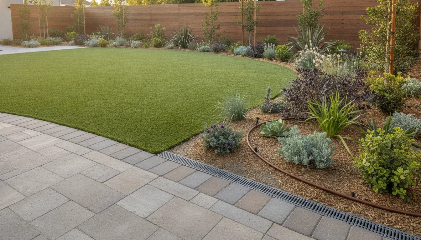 Drainage channel and irrigation line beside synthetic turf and pavers in a drought-tolerant backyard