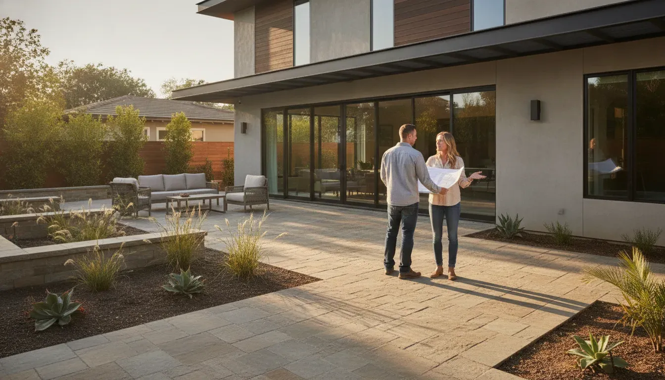Homeowner planning a louvered roof patio cover beside an existing paver patio