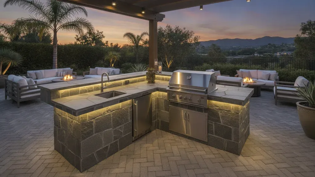 Luxury outdoor kitchen with layered lighting and covered seating in Yorba Linda