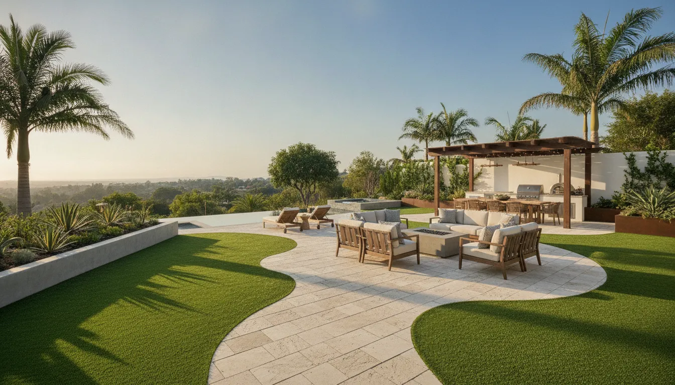 Turnkey outdoor living design featuring interlocking stone paver patio integrated with premium artificial turf
