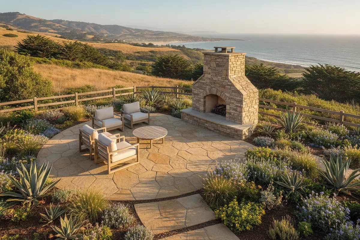 Outdoor fireplace positioned beside a paver patio with room for seating and circulation