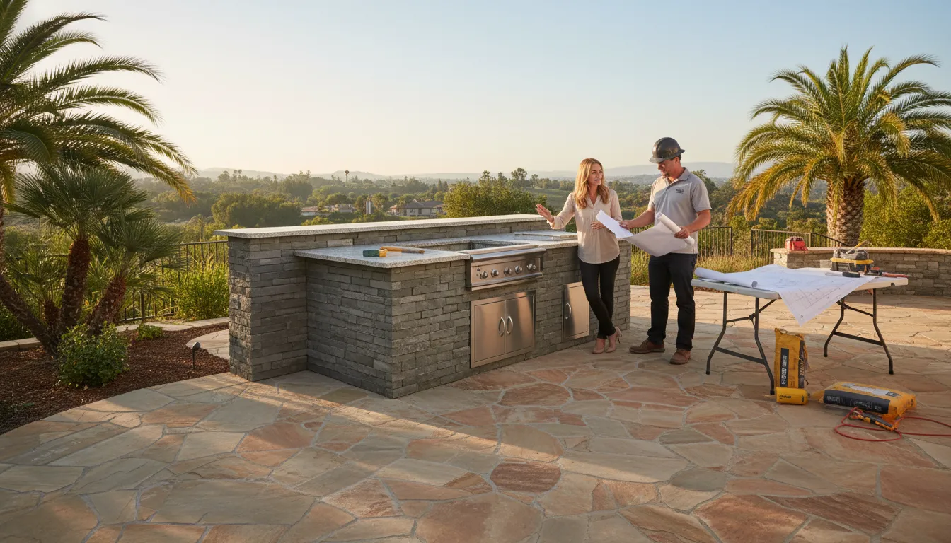 Outdoor kitchen contractor reviewing a premium Orange County kitchen build