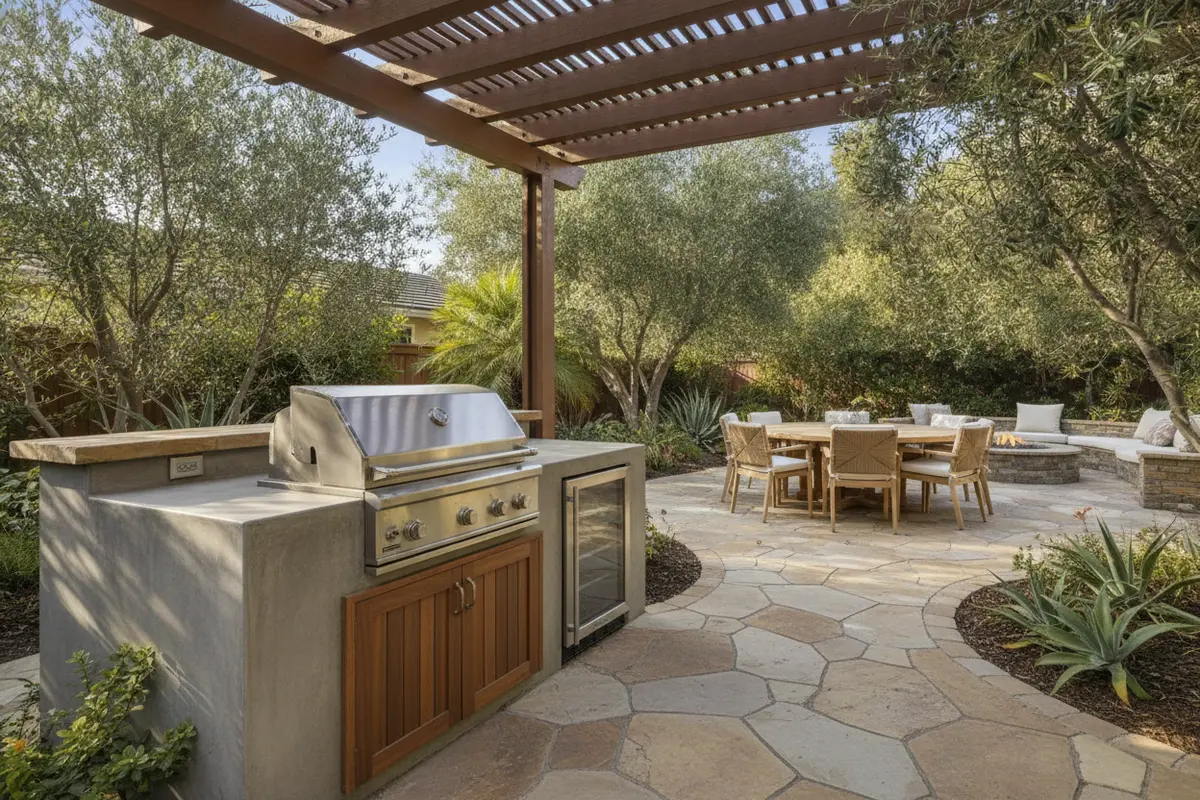 Outdoor kitchen layout with grill, prep counter, and dining space connected by pavers