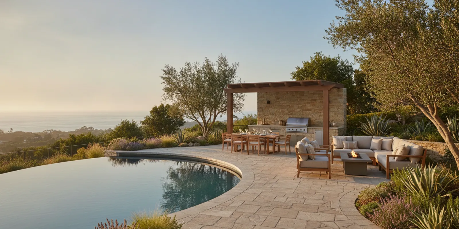 Outdoor living design in Newport Coast with a paved patio, pool, outdoor kitchen, and coastal landscaping