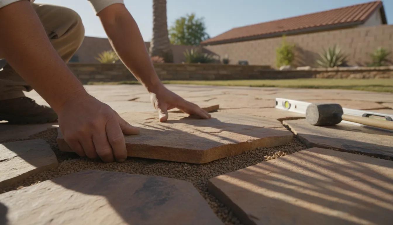 Hardscape installer placing pavers on a Southern California patio