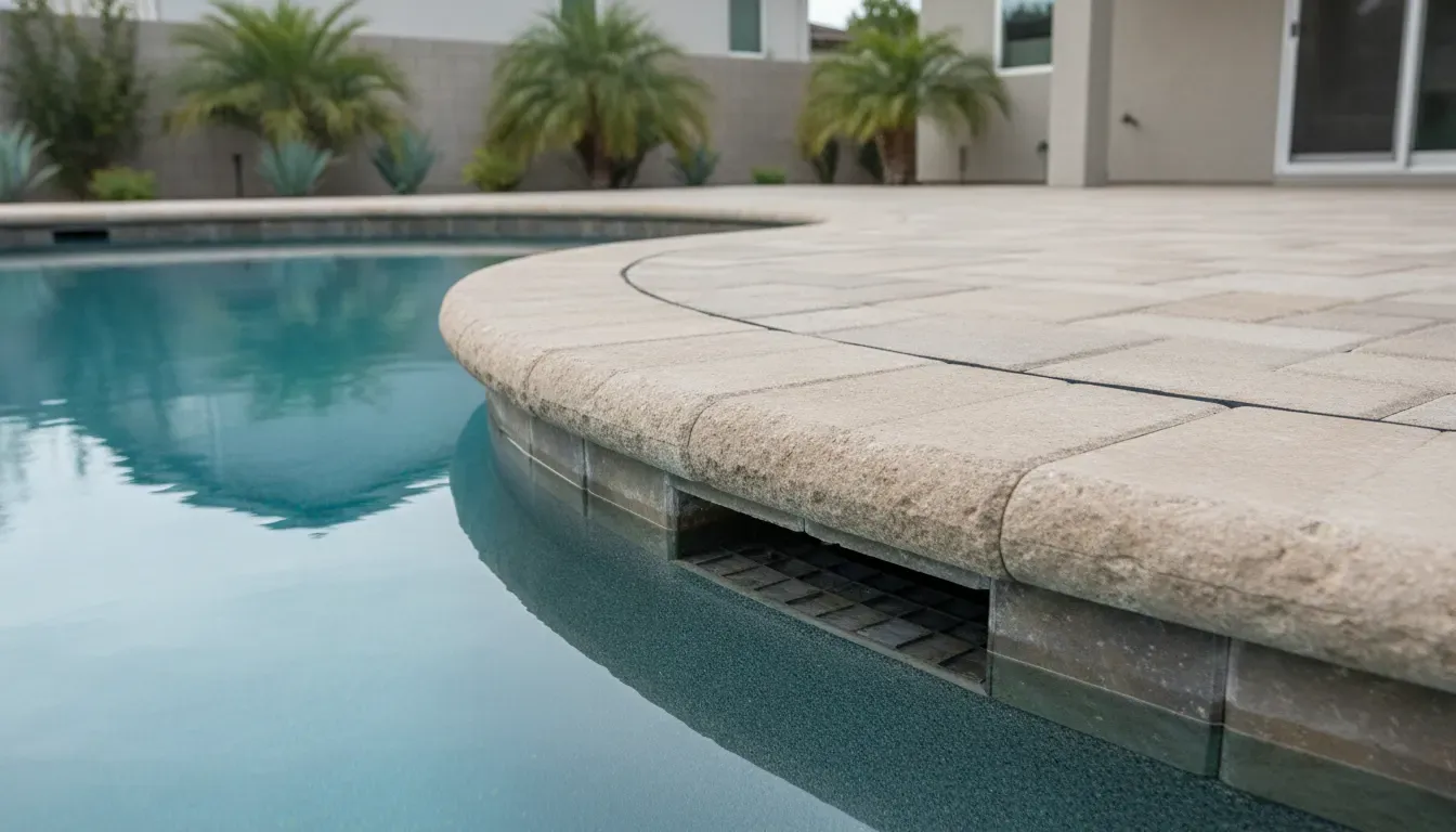 Paver pool coping meeting a surrounding deck at a planned movement joint