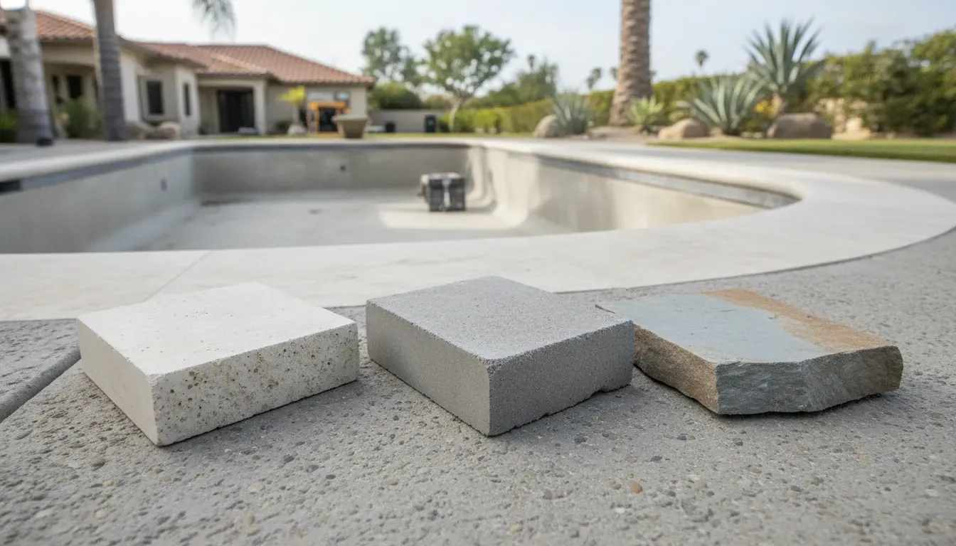 Pool coping material and edge profile samples beside a planned pool renovation