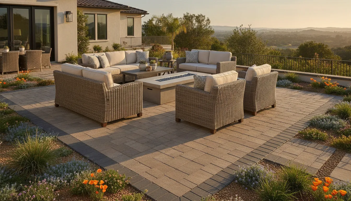 Finished Yorba Linda paver patio with seating and landscape planting