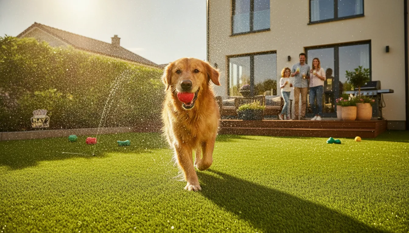 Happy dog playing on pet-friendly synthetic turf lawn in backyard
