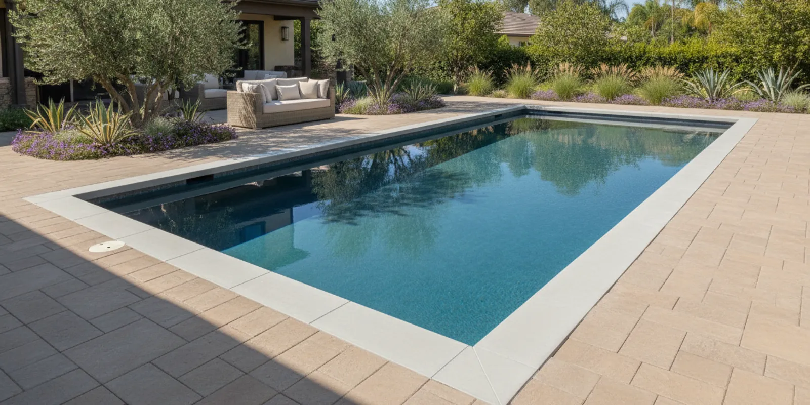A refreshed paver pool deck with lounge chairs beside a backyard swimming pool