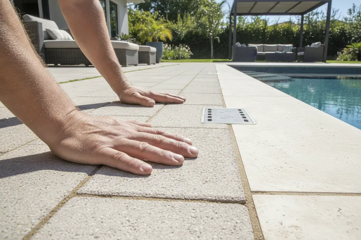 Pool deck surface, joints, and coping being assessed before renovation