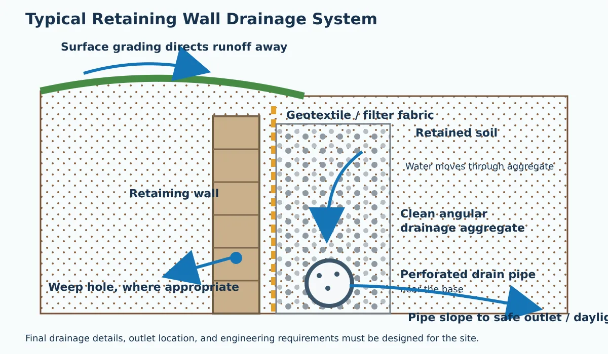 Retaining wall drainage cross-section with gravel, filter fabric, perforated pipe, weep hole, and outlet