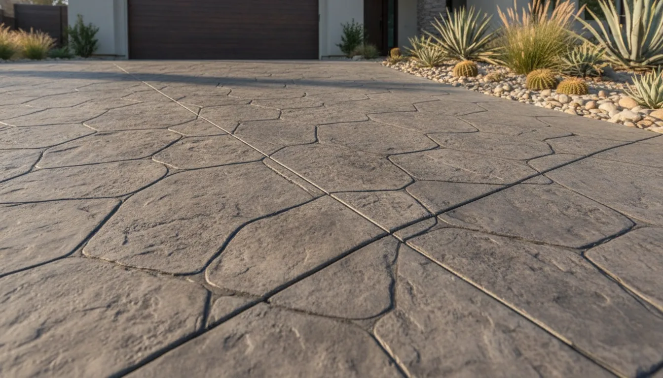 Stamped concrete driveway with a control joint and a graded edge for drainage