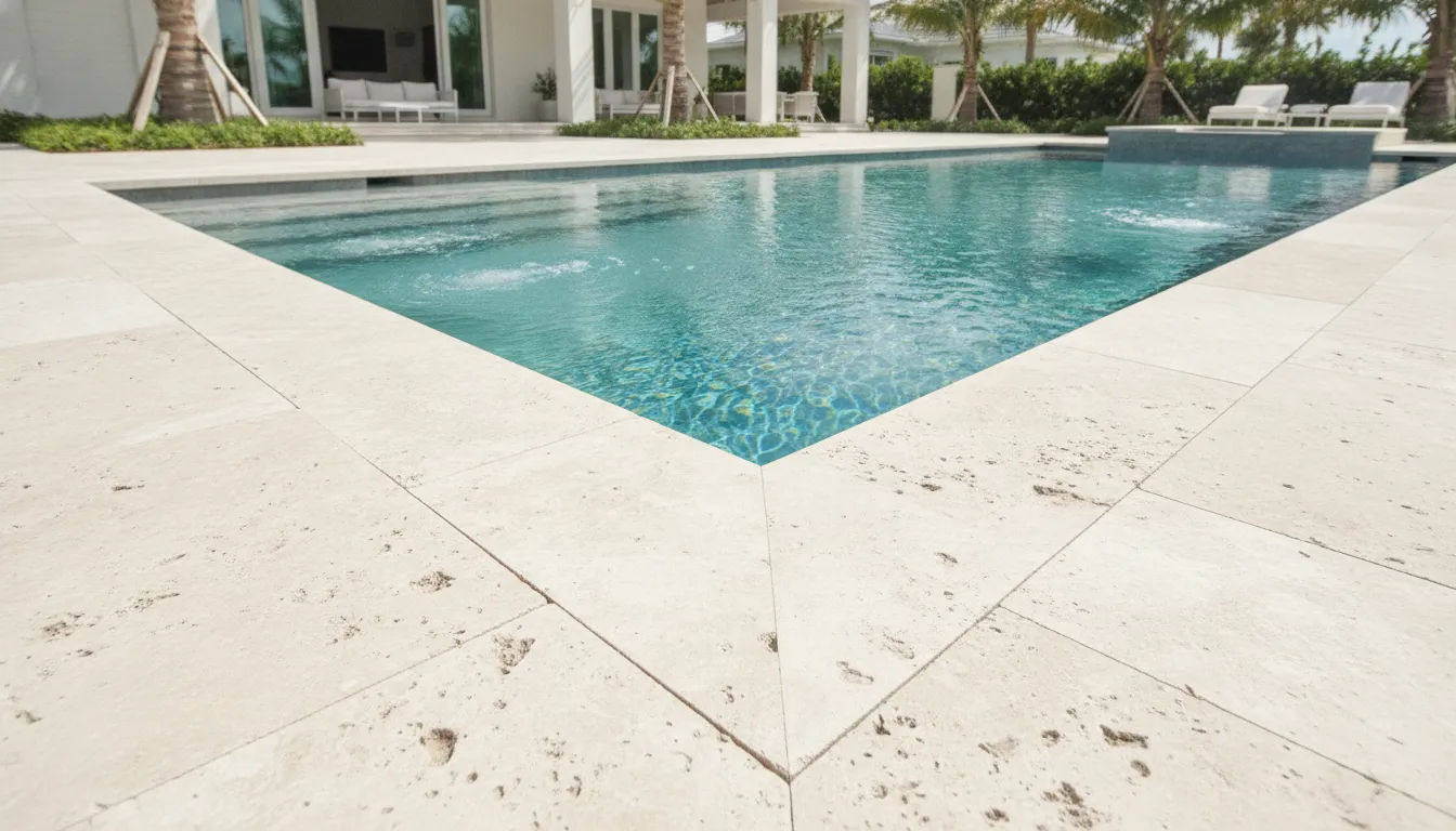 Luxurious light-colored travertine saltwater pool deck pavers