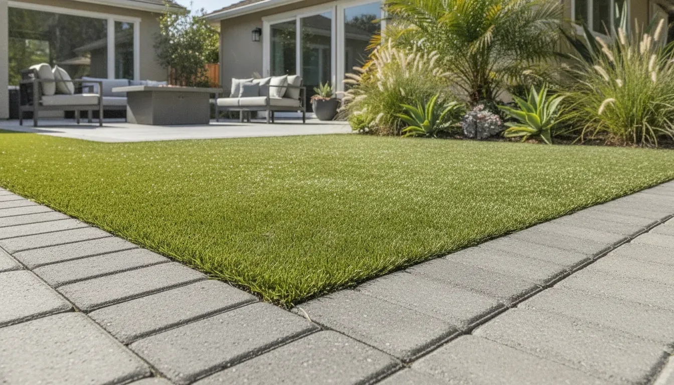 Artificial turf meeting a clean paver edge in an Orange County backyard