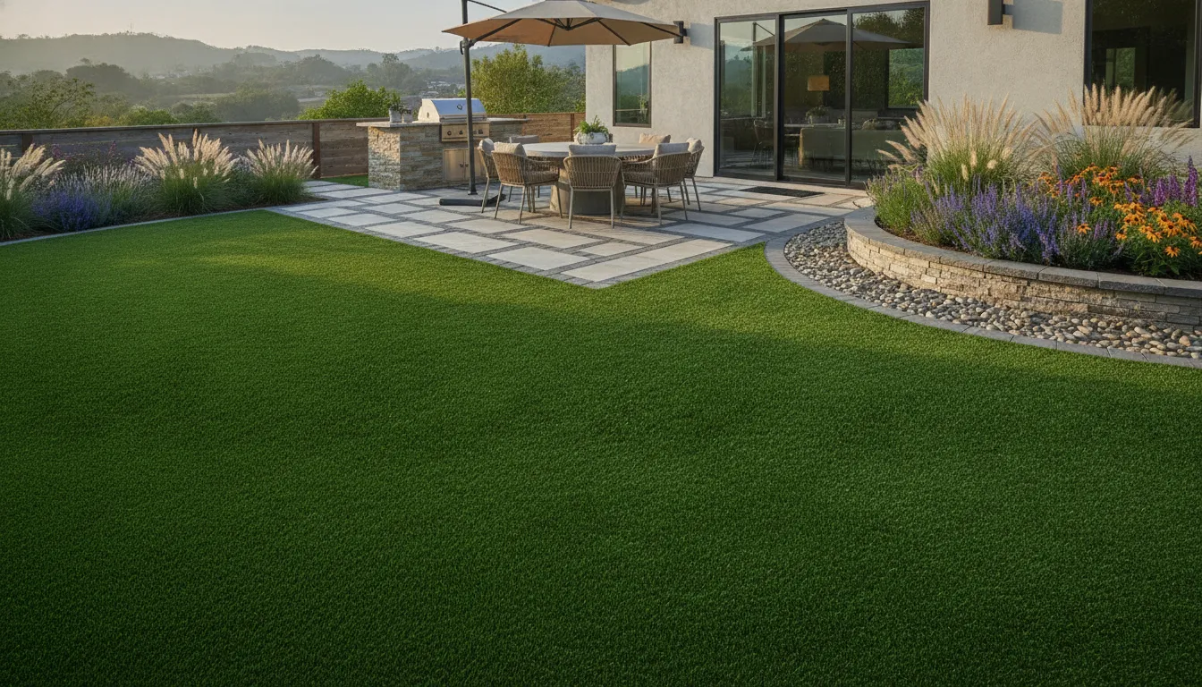 Synthetic turf lawn meeting a paver dining patio and drought-tolerant planting bed