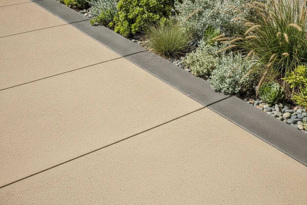 Warm neutral concrete patio with restrained scoring and a darker edge band