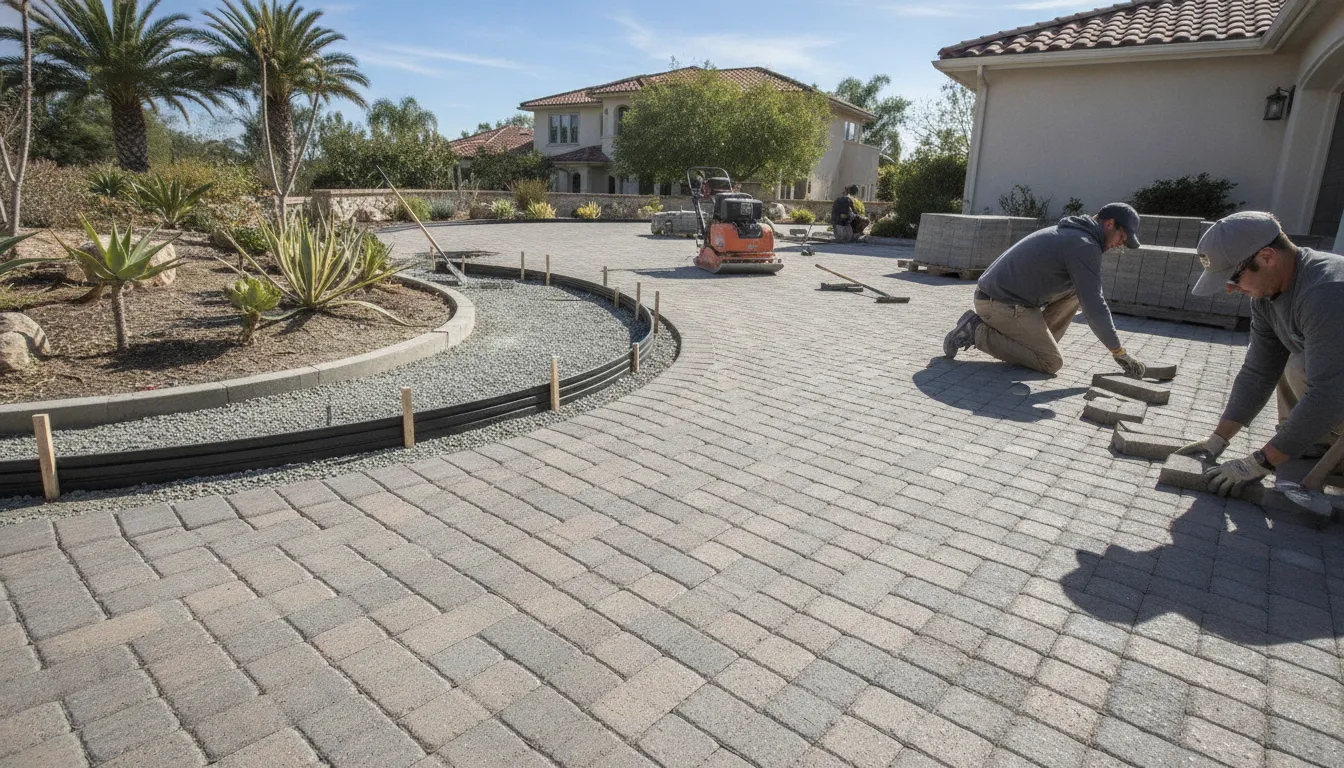 Professional crew installing driveway pavers with edge restraints and compacted base