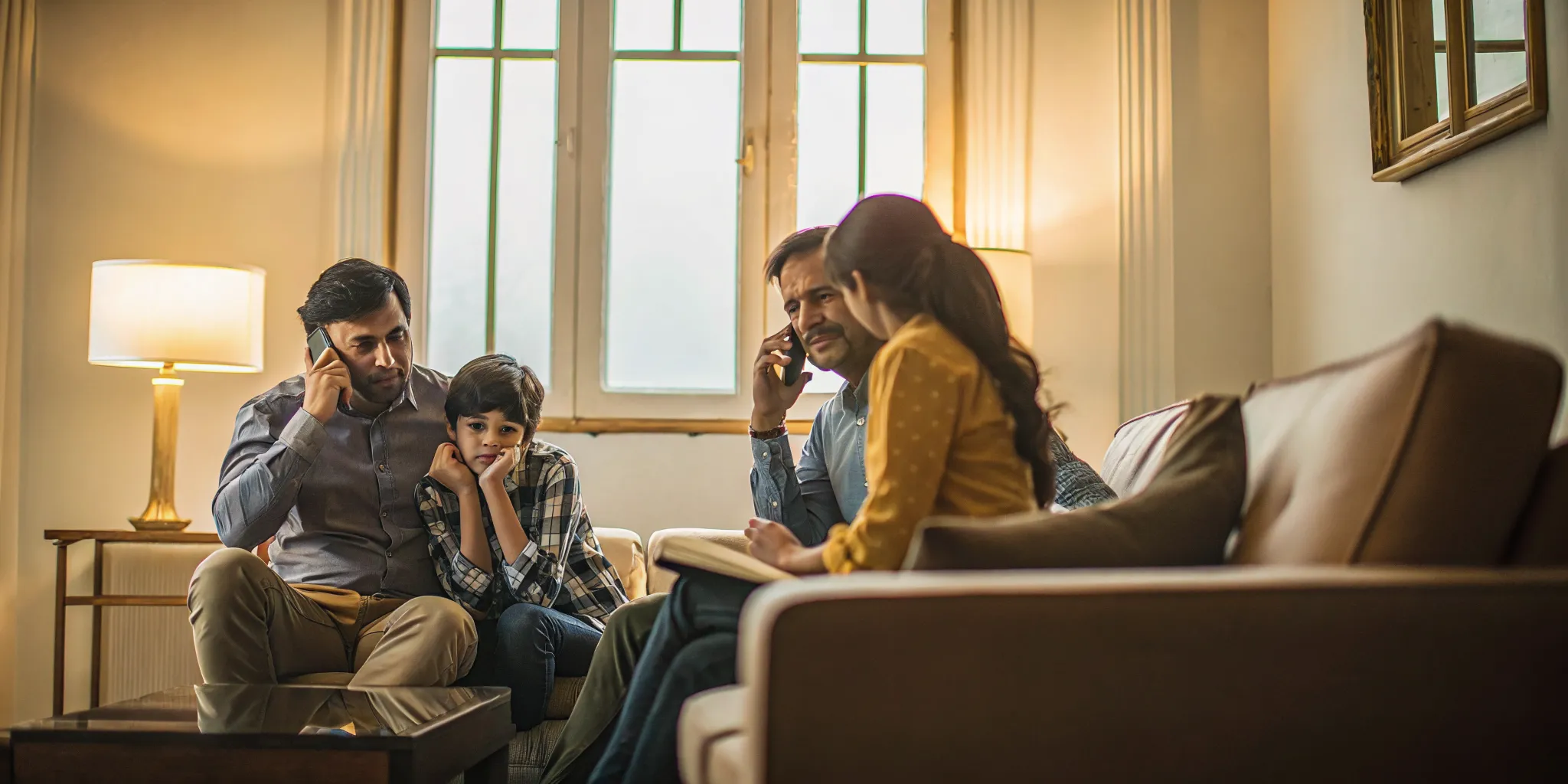 A relieved family speaking with a helpful bail bond agent over the phone, feeling supported
