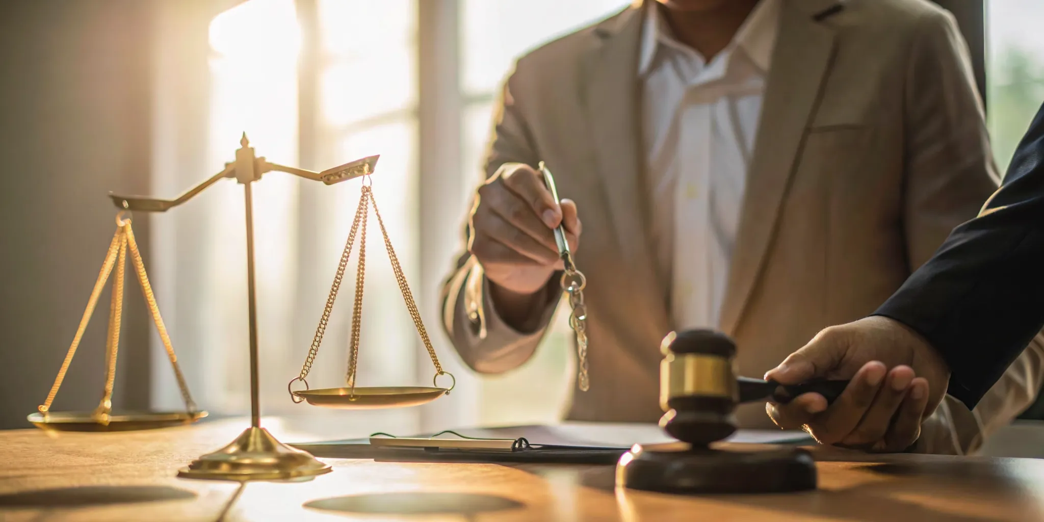 Professional illustration representing a bail bond contract with a signature line, scales of justice, and a key