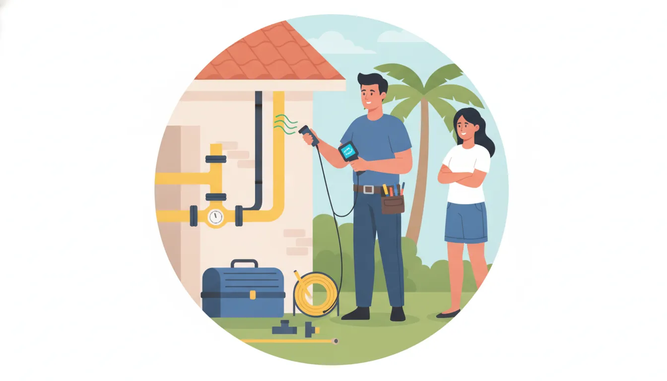 Licensed technician uses an electronic tool to inspect residential gas piping