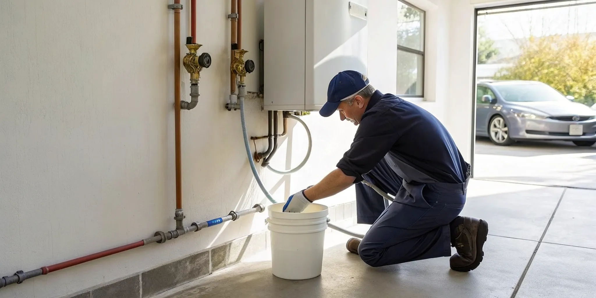 Plumber connecting a descaling pump to a tankless water heater for a flush