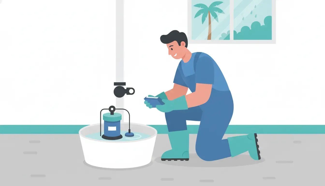 Plumber testing a sump pump basin and float switch in a Florida home