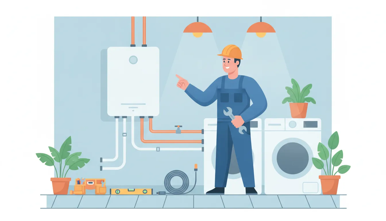 Plumber inspecting a tankless water heater installation in a Stuart home