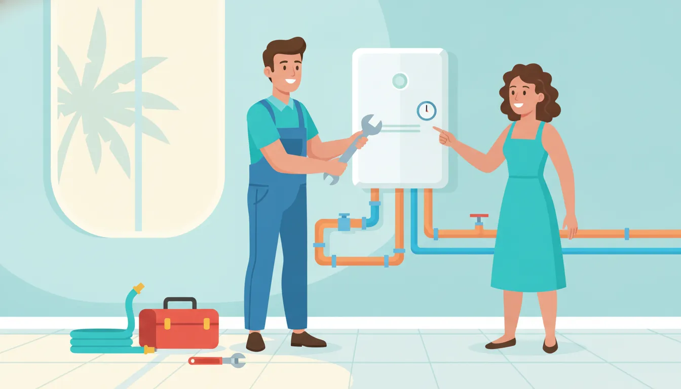 Technician inspecting a tankless water heater in a Stuart home