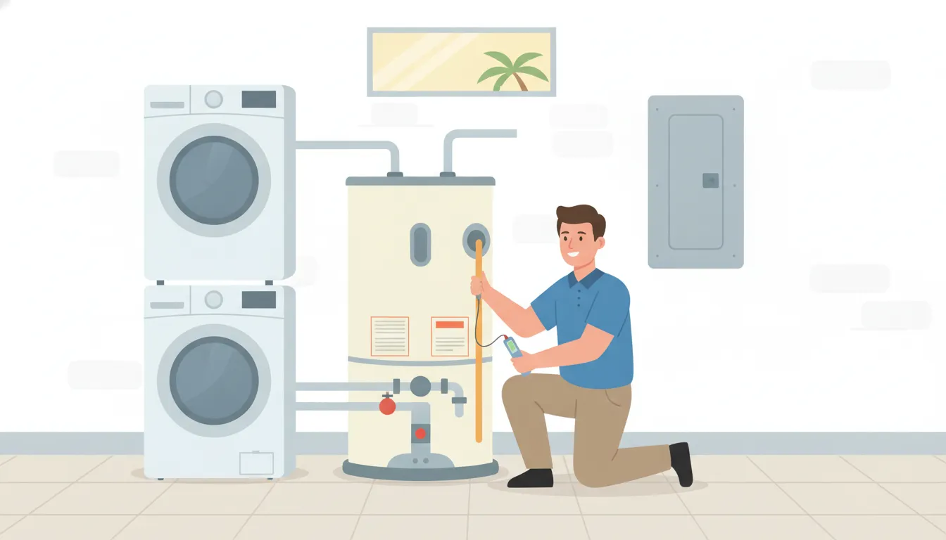 Licensed plumber inspecting a water heater during water heater installation Stuart FL planning
