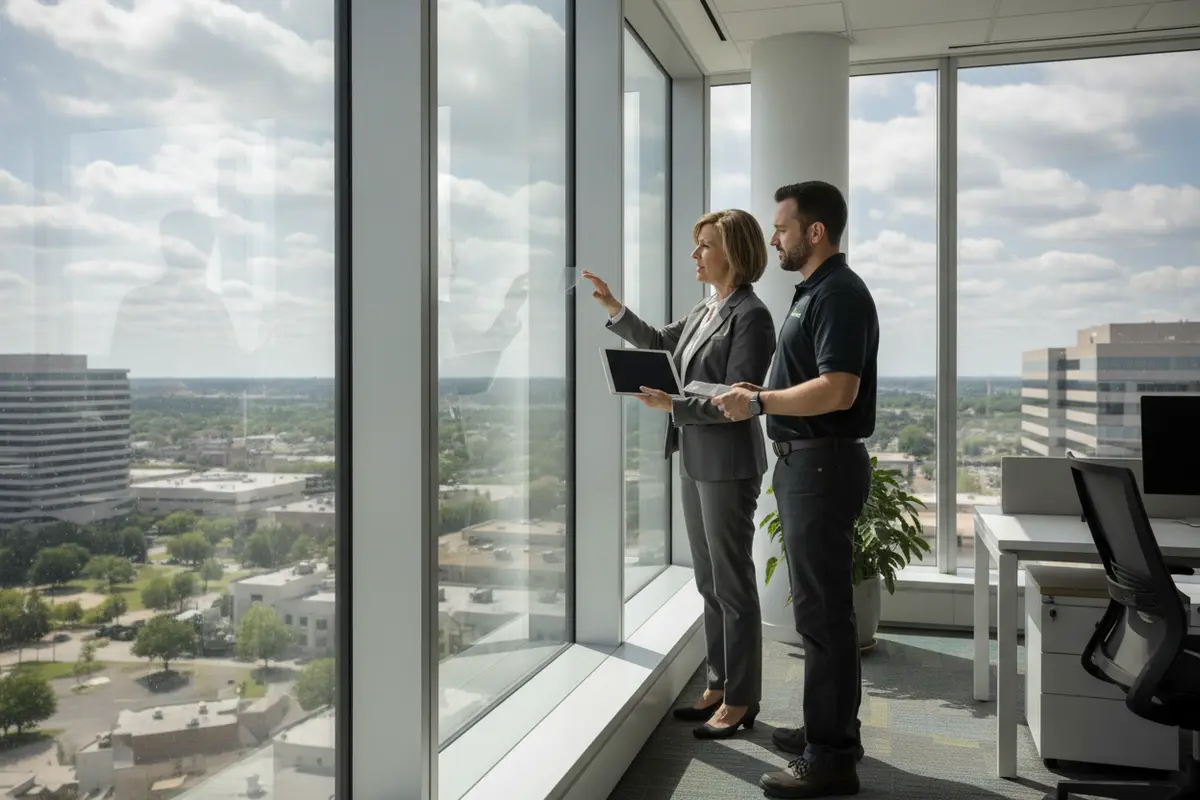 A property manager and window-film professional assessing office windows