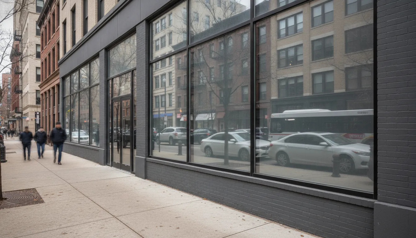 Commercial storefront glass with professionally installed solar control film