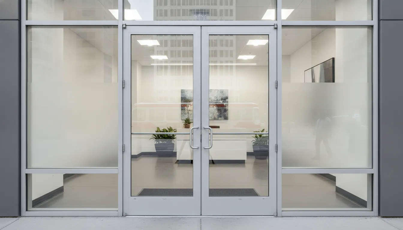 Commercial window film on an office entryway with frosted sidelights
