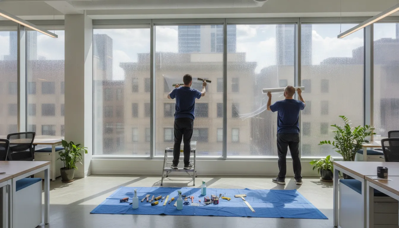 Professional commercial window film installation in a Chicago office