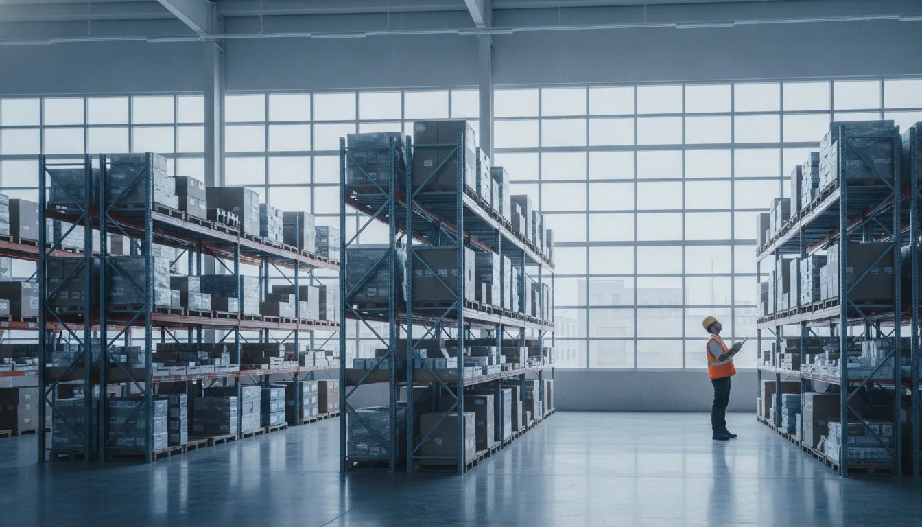 Sunlight entering a warehouse with clear high windows and organized storage racks
