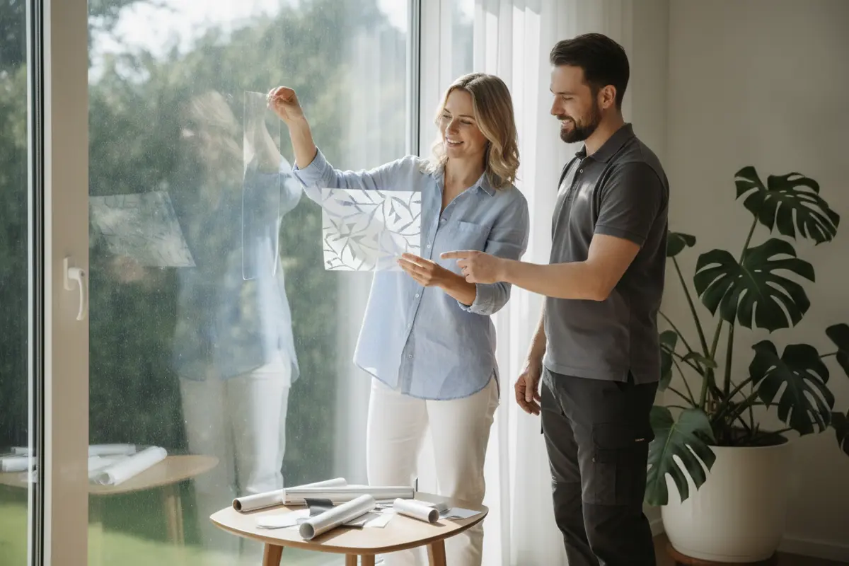 Homeowner comparing clear solar-control and decorative window film samples beside a bright window