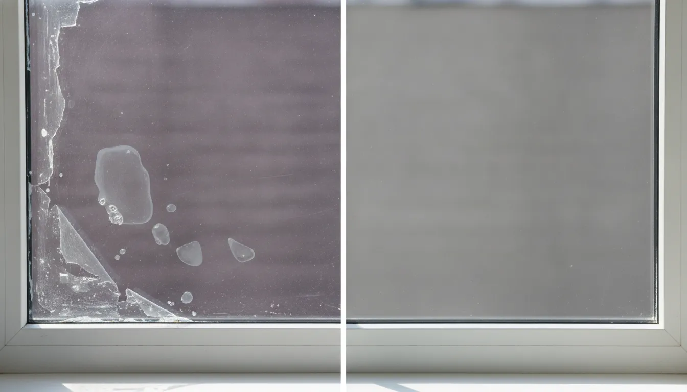 Comparison of aged window film showing bubbling, peeling edges, and discoloration against clean glass