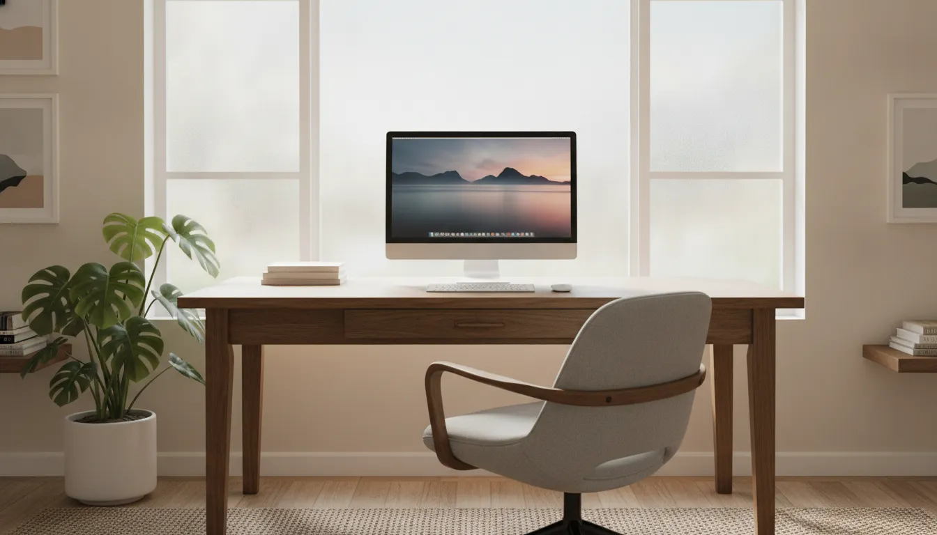 Bright home office with desk and monitor near a window featuring glare-reduction window film, plant on desk, comfortable workspace
