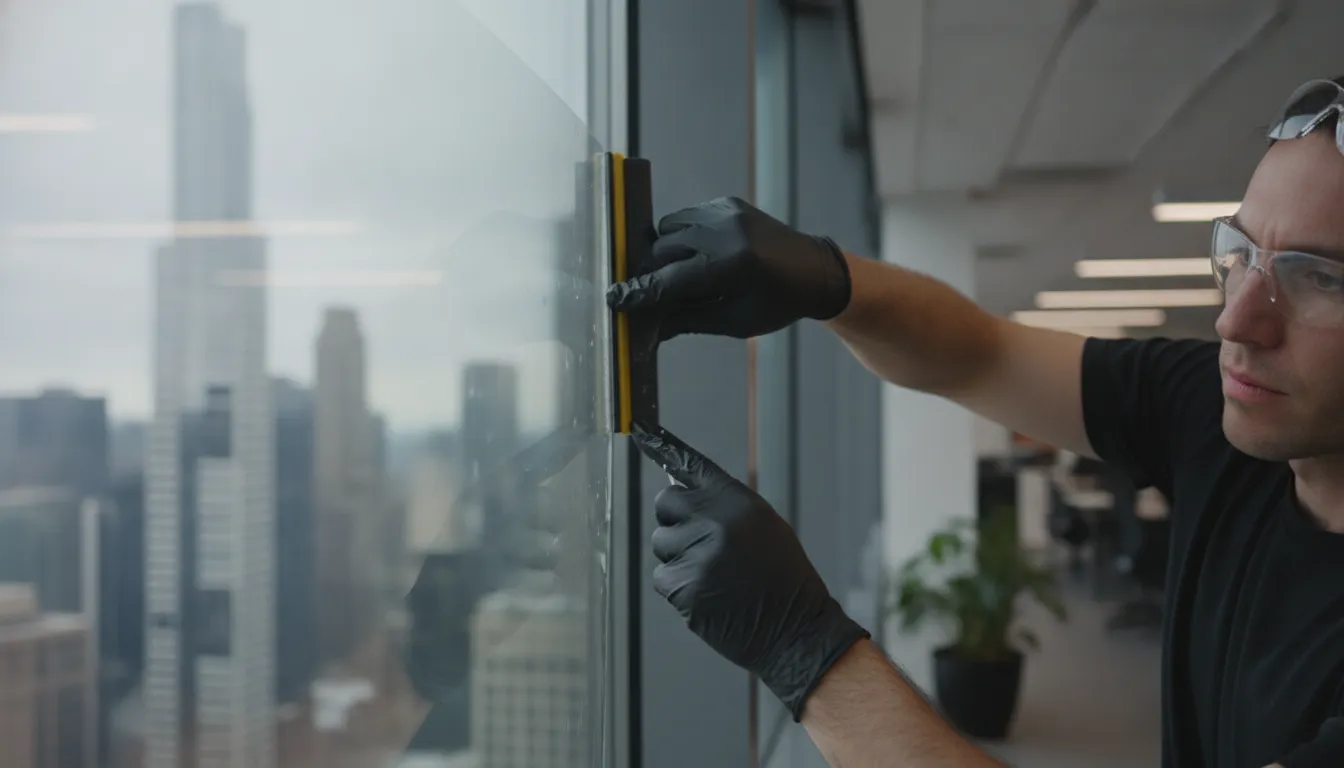 Professional technician applying commercial window film to an office window