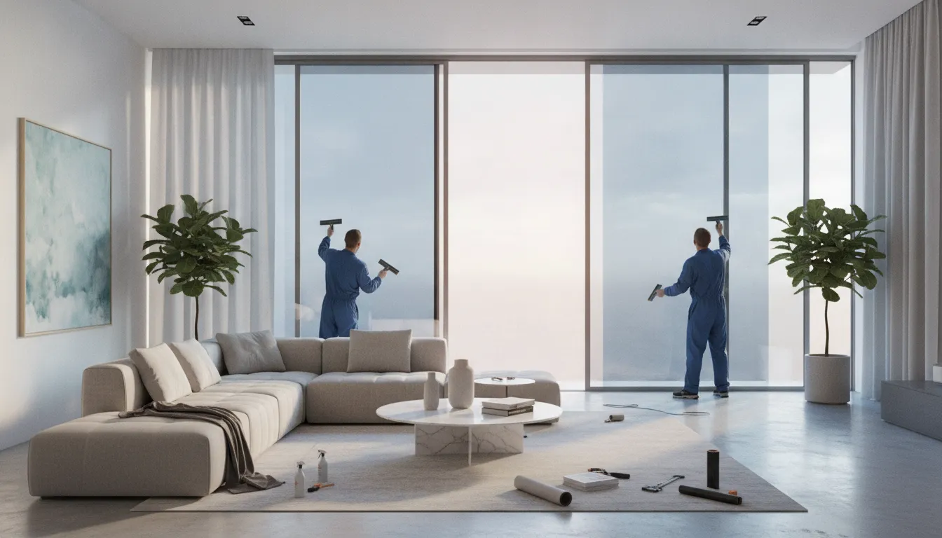 Bright living room with west-facing windows featuring solar control window film, comfortable seating and natural light interior