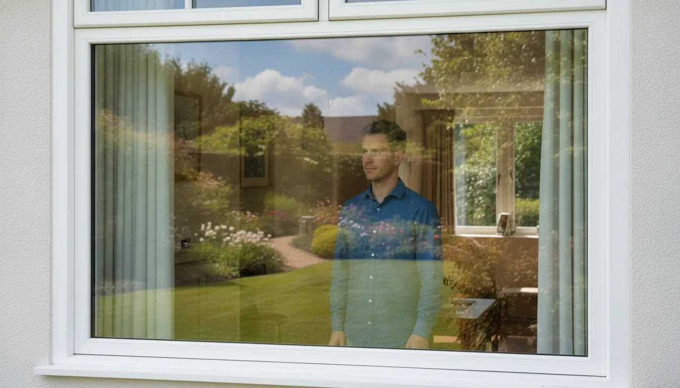 Bright residential living room with privacy window film installed. Outside view shows a clear garden scene while the exterior of the same window reveals a mirror-like reflection of the sky.