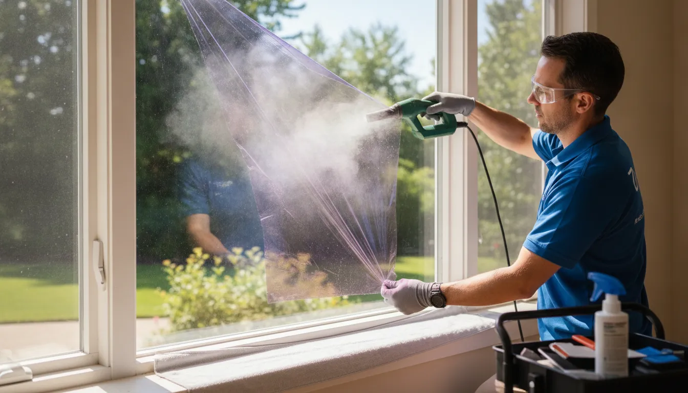 Professional window film removal using steamer on residential window, demonstrating safe heat-assisted technique