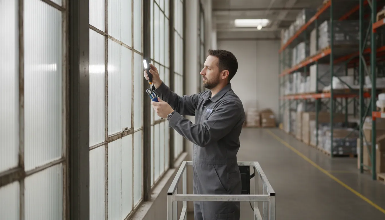 Professional installer assessing warehouse window glass beside storage aisles