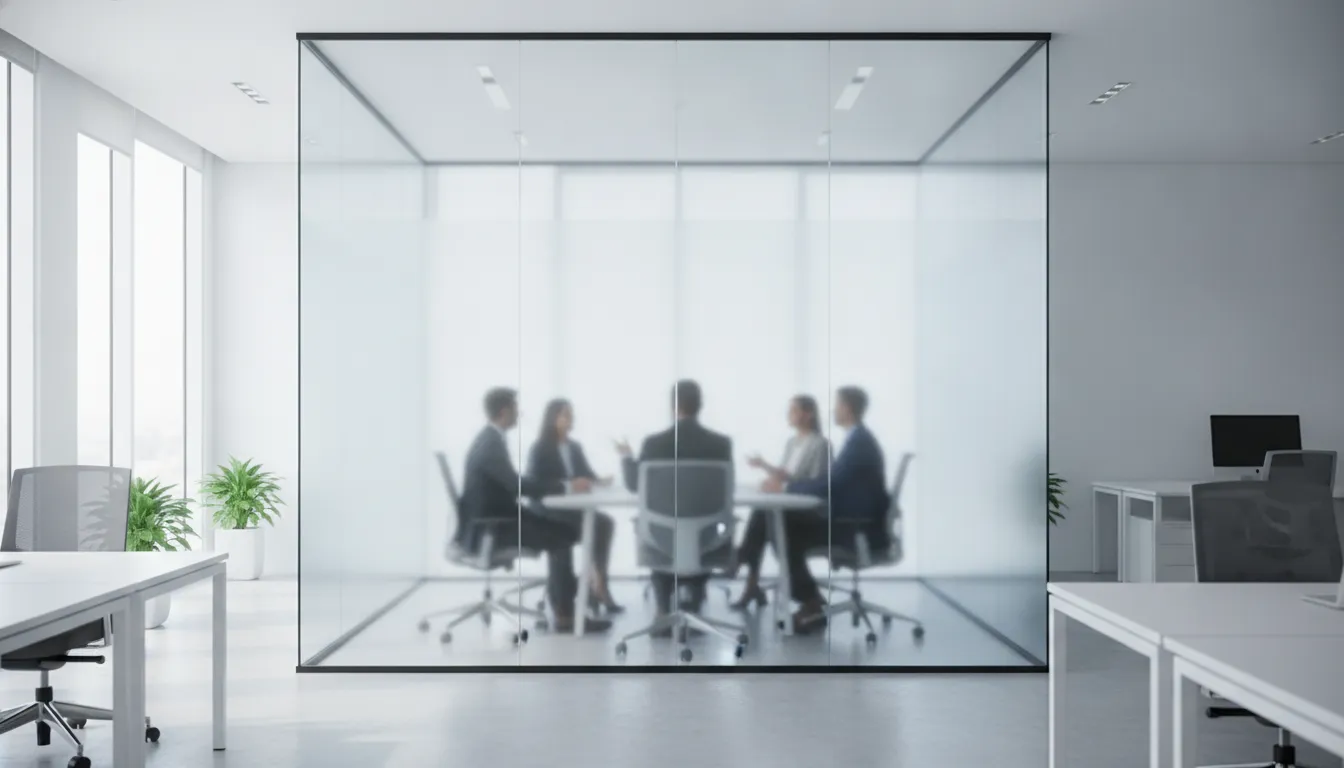 Chicago office conference room with a smart switchable glass partition switched to a frosted privacy state