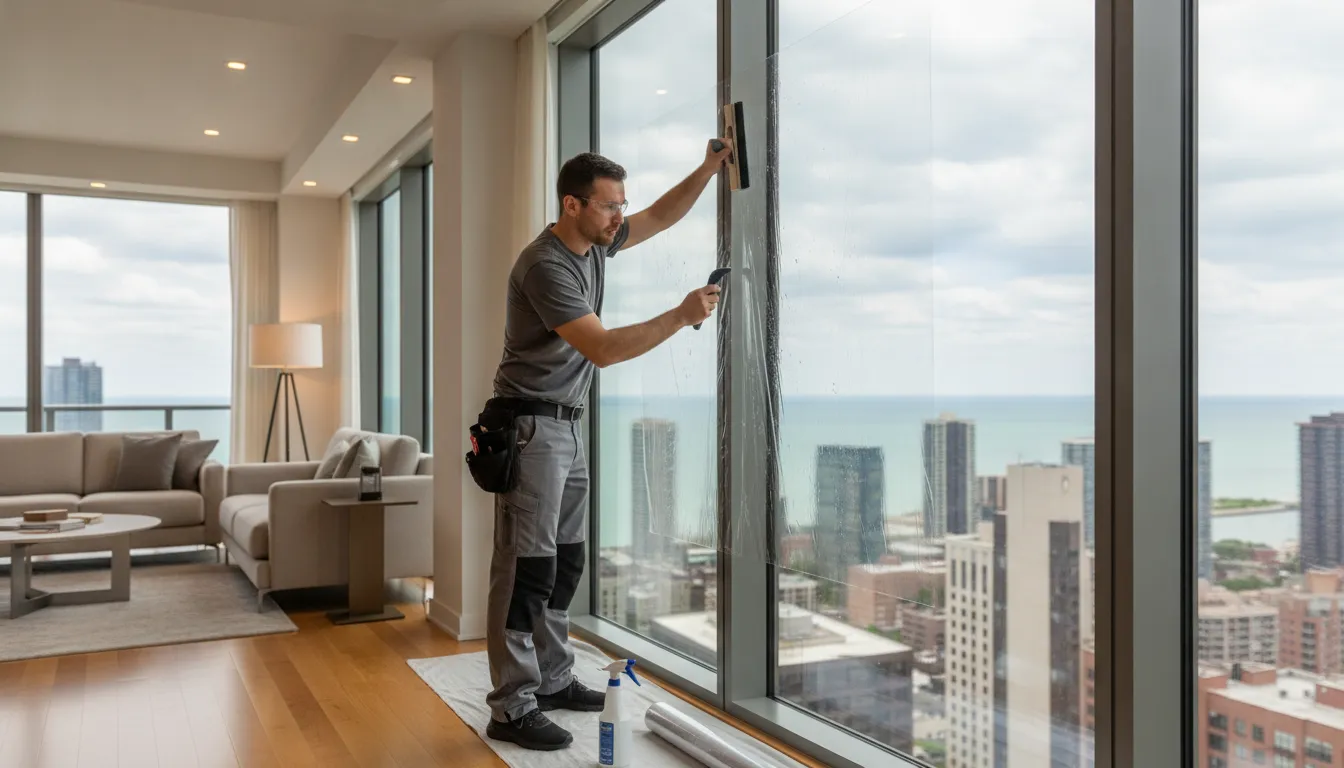 Professional window film installer applying solar control film to a large window in a Chicago apartment rental property